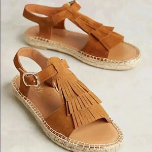Anthropologie maypol kiltie fringed espadrille sandals 37 honey suede shoes 6.5